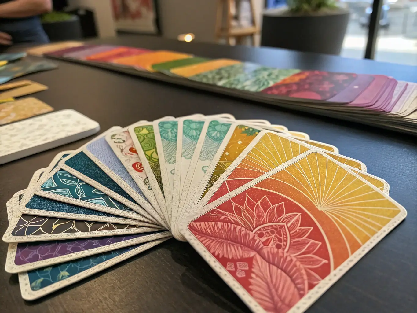 A vibrant display of various business card designs, textures, and finishes, highlighting the customization options available at Grupo Impregraficas.