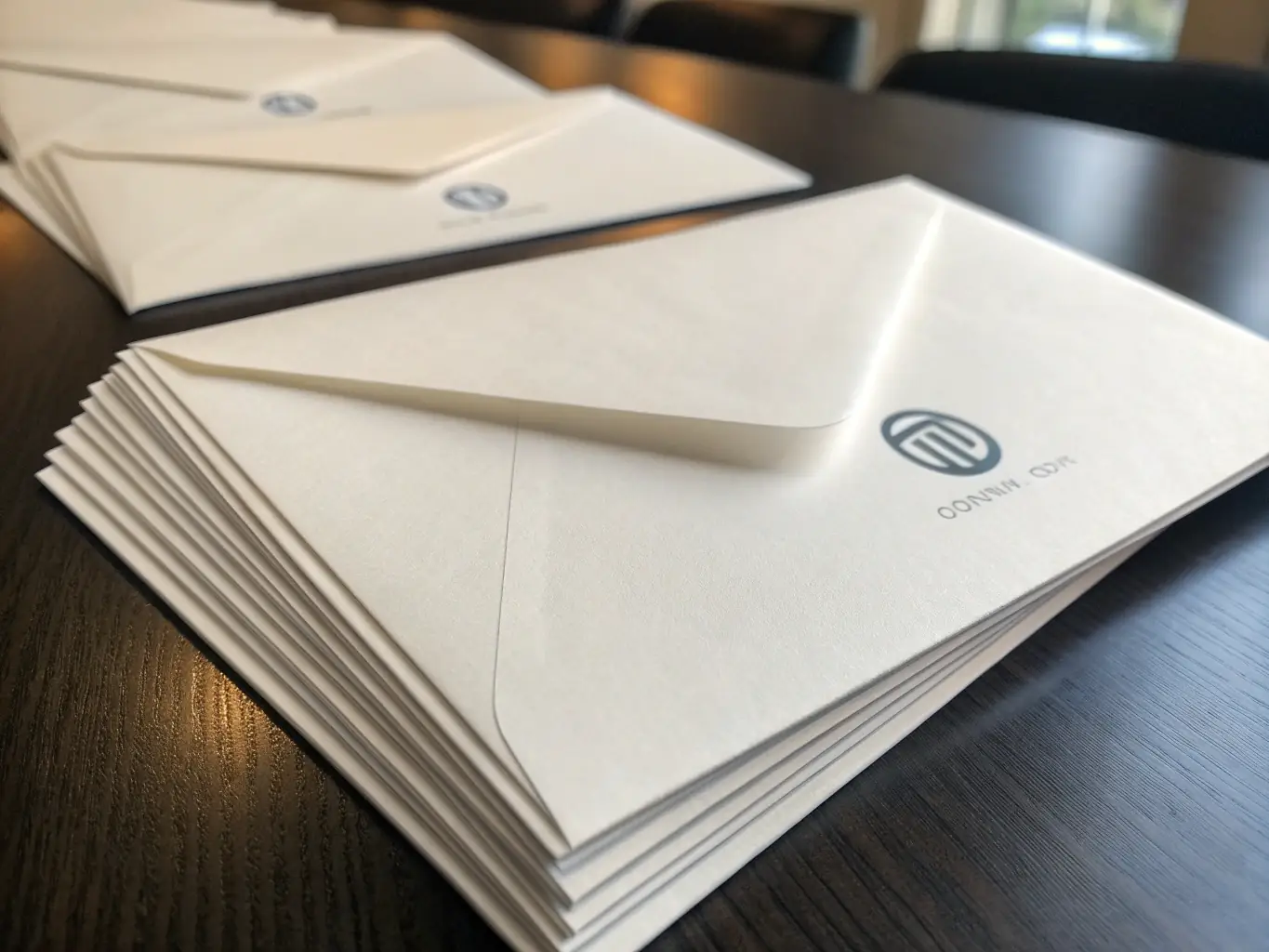 An elegant arrangement of letterheads and envelopes with company logos, showcasing the professional stationery printing services offered by Grupo Impregraficas.