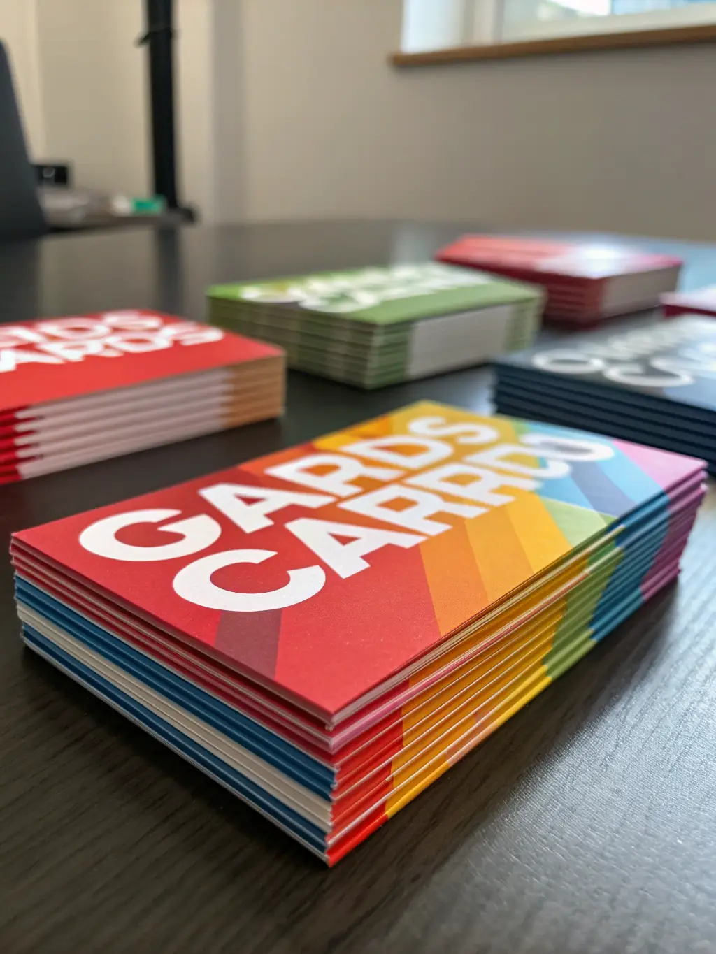 A close-up shot of a stack of freshly printed business cards with a clean, modern design, showcasing the quality and sharpness of the print.