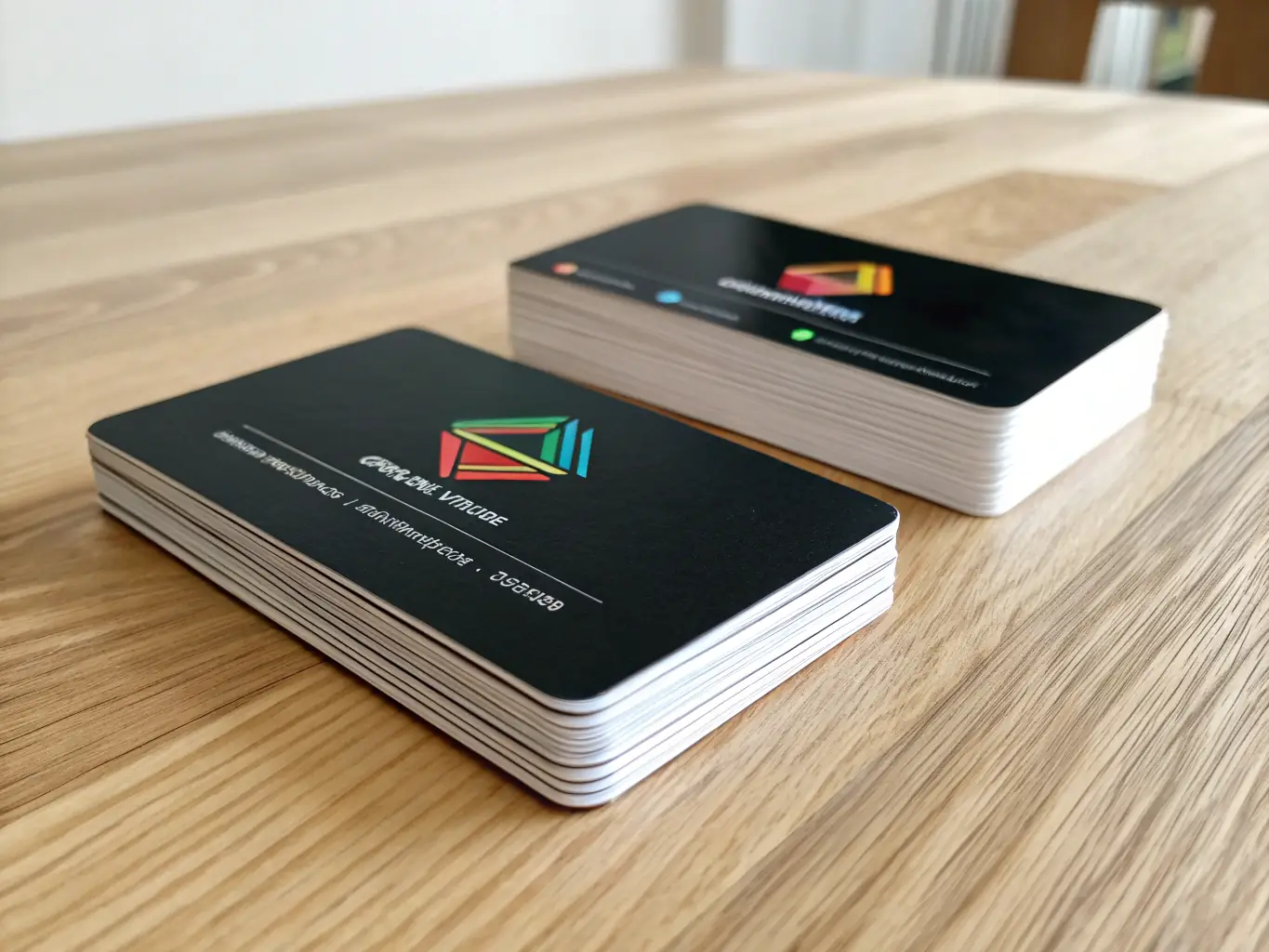 A stack of professionally printed business cards with the Grupo Impregraficas logo, showcasing high-quality printing and design.